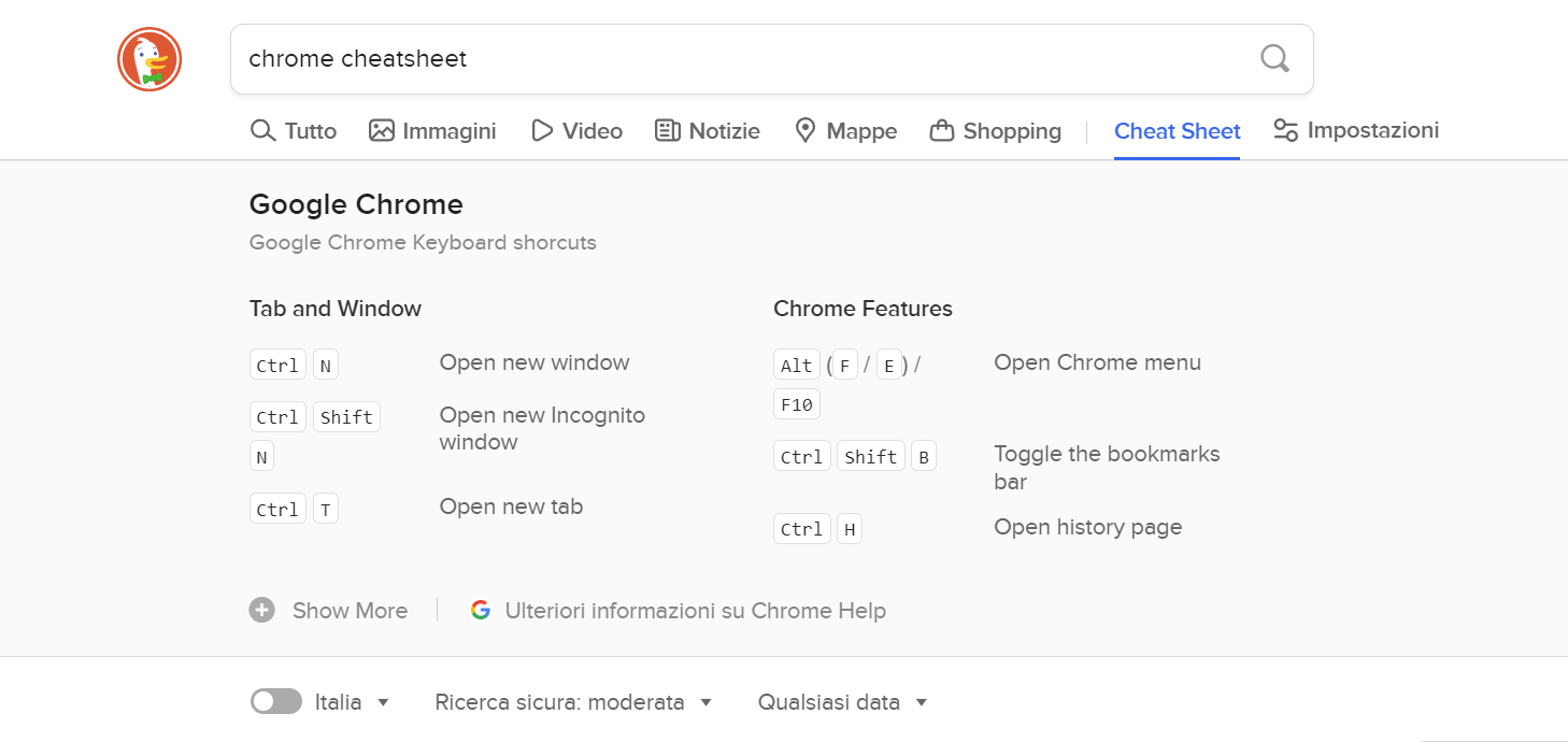 Cheatsheet di duckduckgo