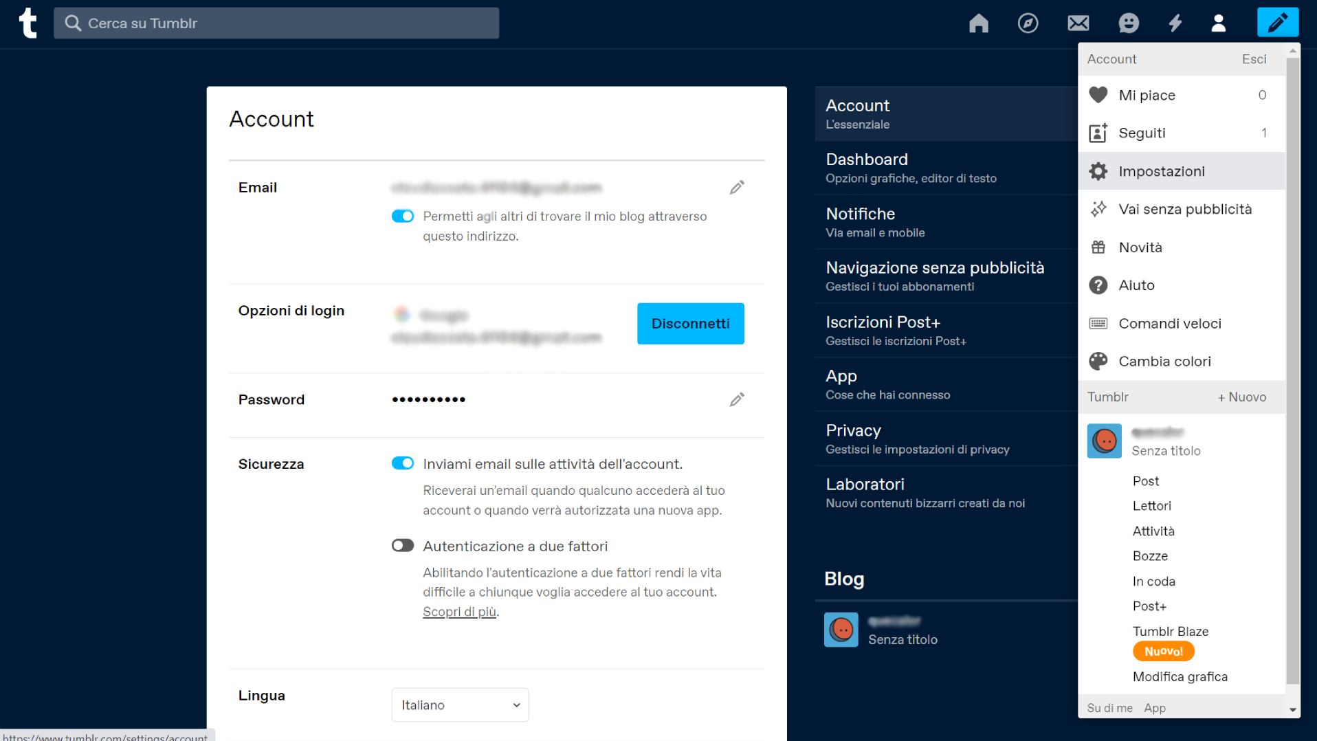 Impostazioni di Tumblr Impostazioni di Tumblr