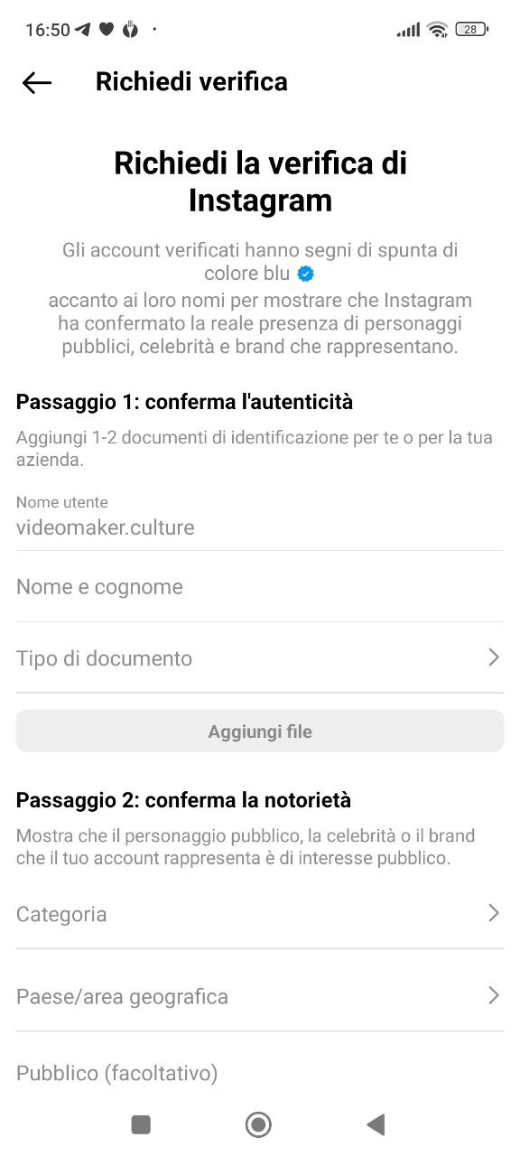 Modulo richiesta verifica su Instagram