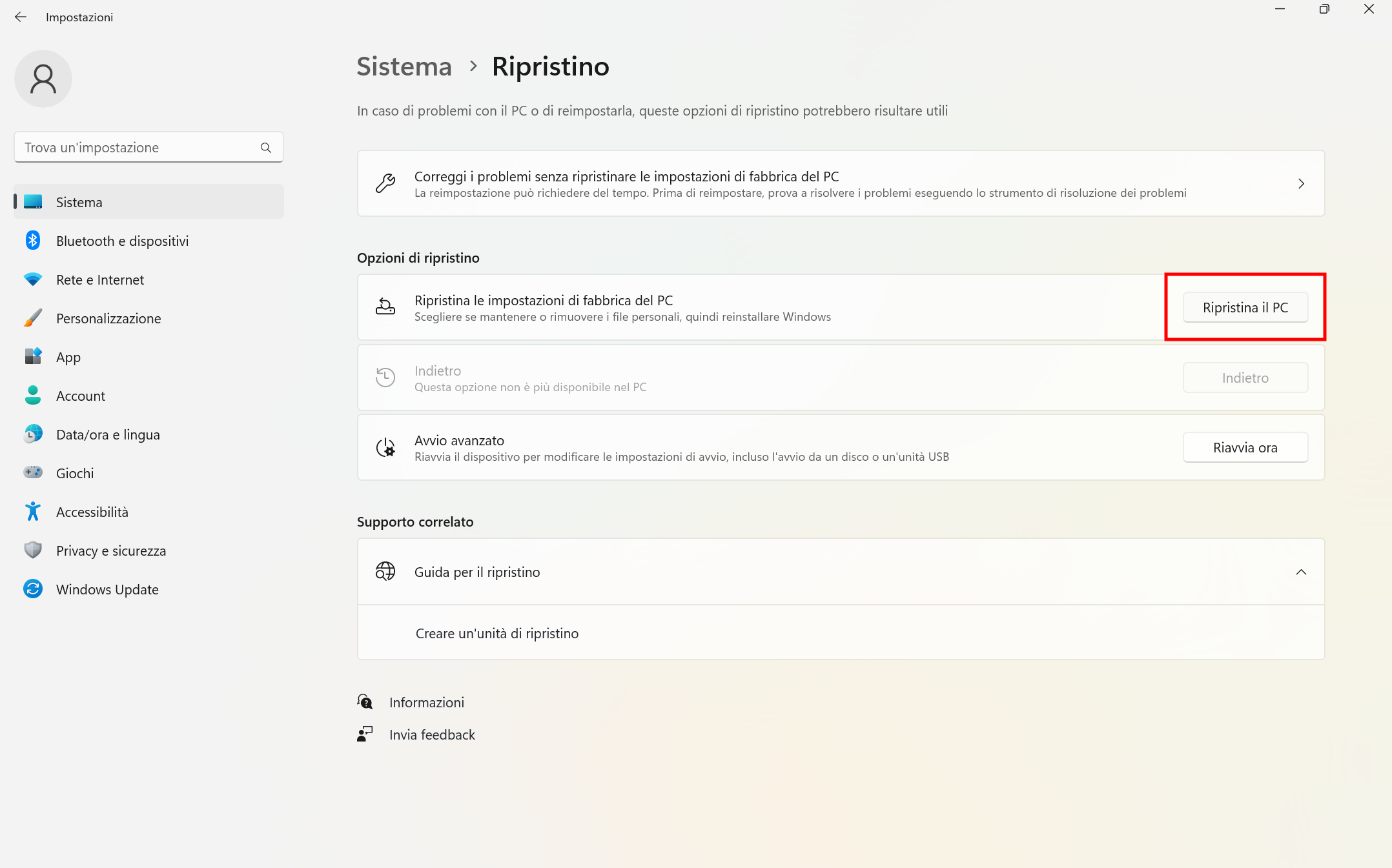 Ripristinare Windows Ripristinare Windows