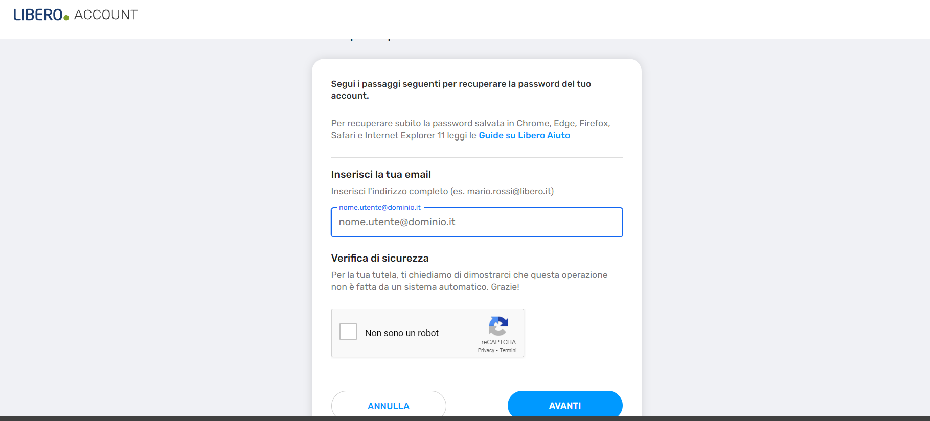 Libero pagina recupero password