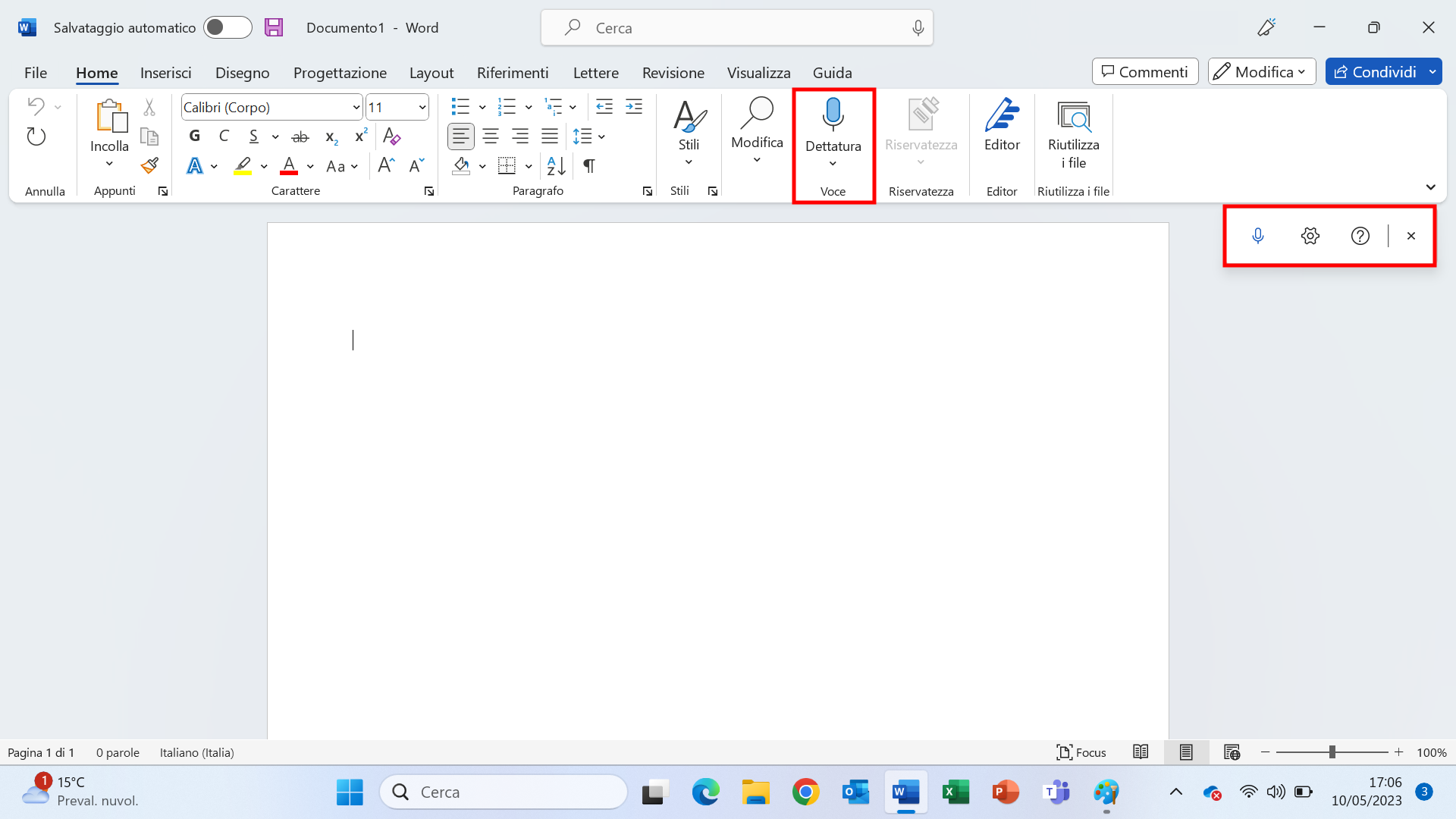 Documento word con evidenziazione comando Dettatura