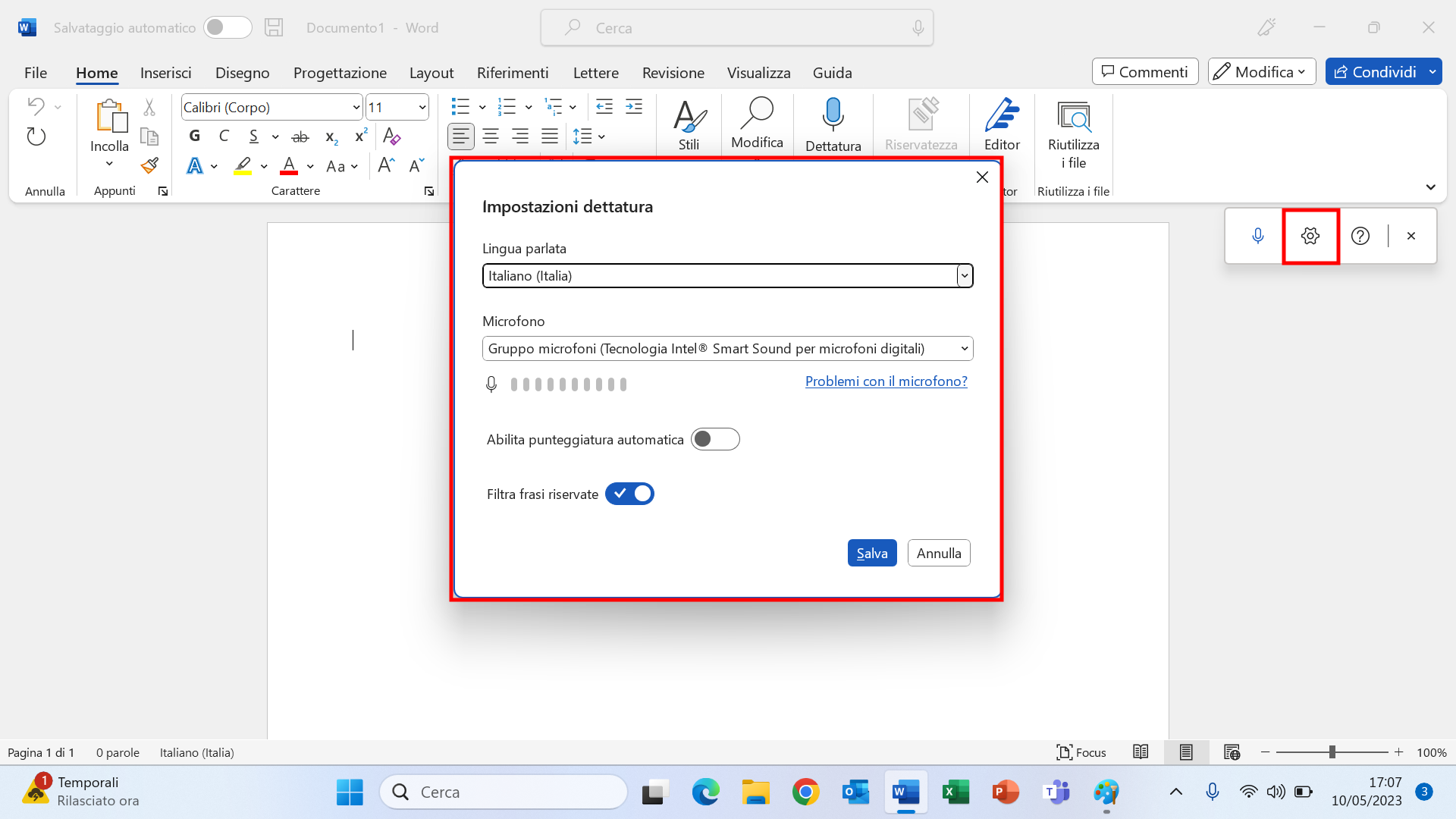 Funzione impostazioni dettatura su documento word