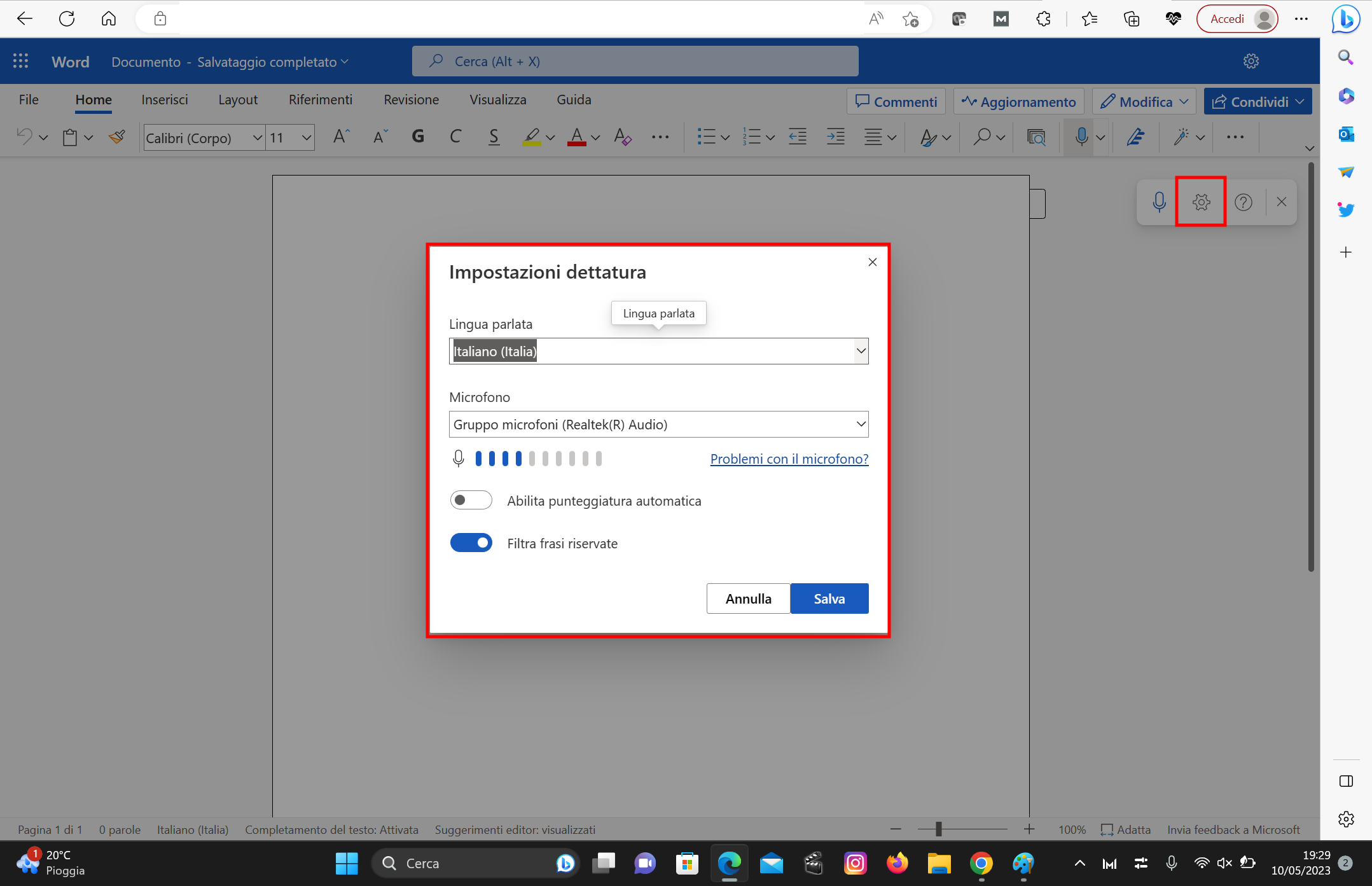 Funzione impostazioni dettatura su Word Funzione impostazioni dettatura su Word