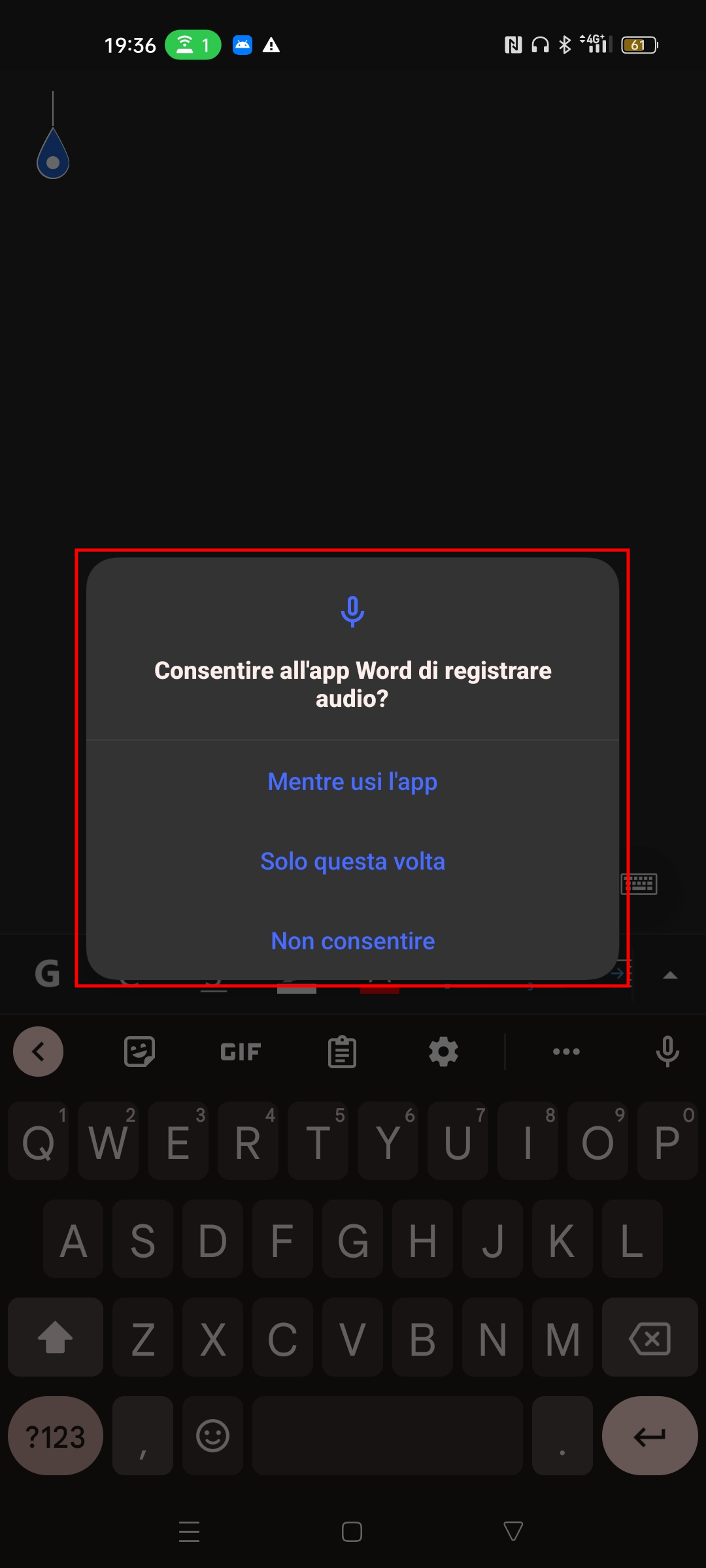 Pop-up autorizzazione registrazione su app word da cellulare