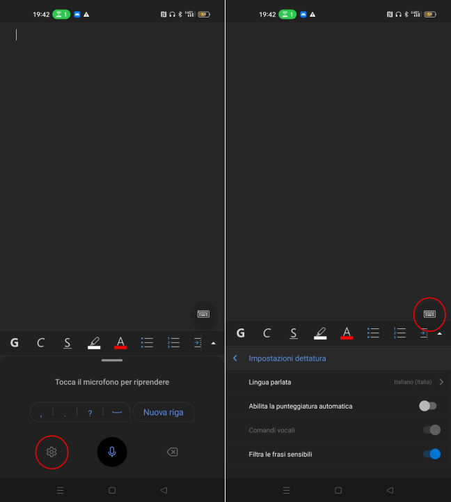Schermata registrazione testo su app word da cellulare