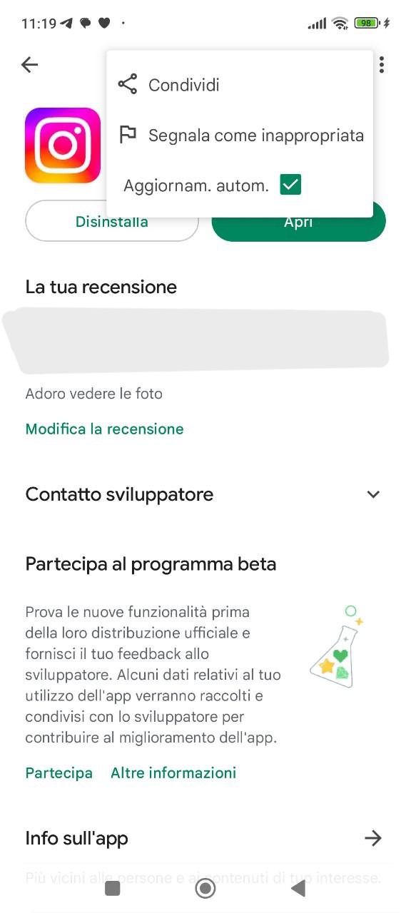 Aggiornamenti automatici di Instagram