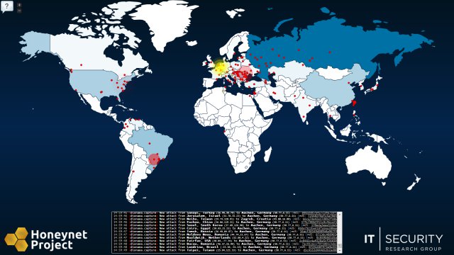 Una schermata di HoneyMap, per seguire in diretta gli attacchi hacker nel mondo