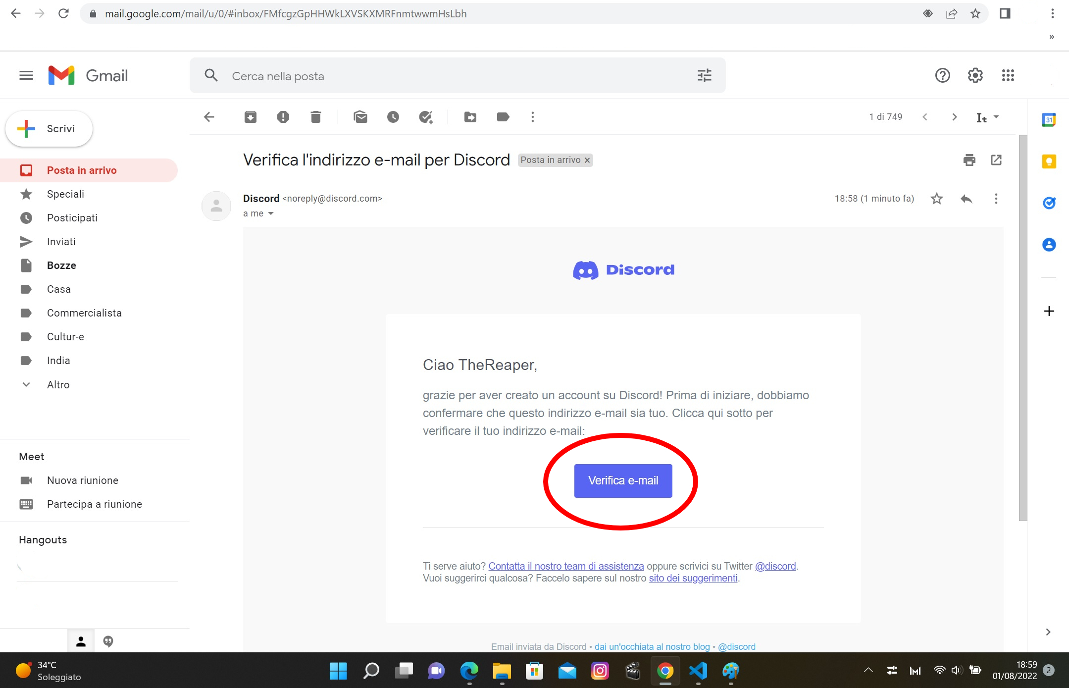 Email di conferma Discord