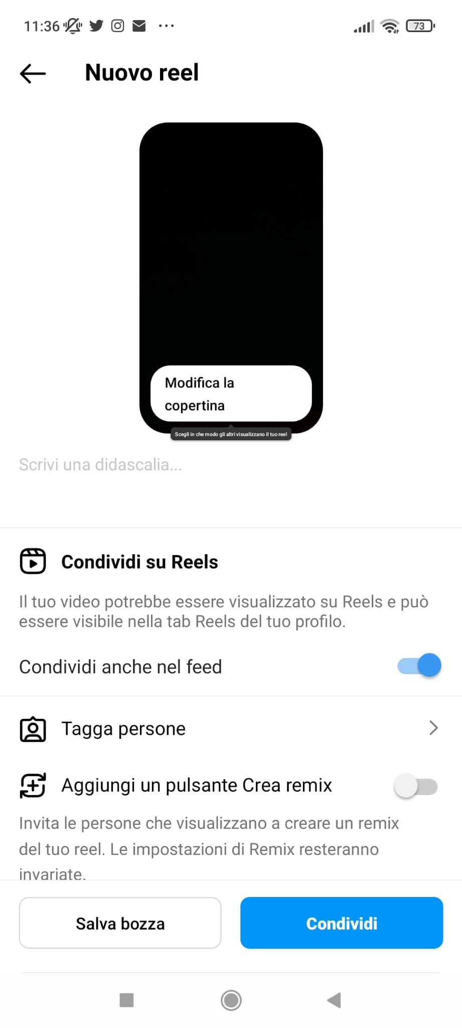Schermata pubblicazione reel instagram