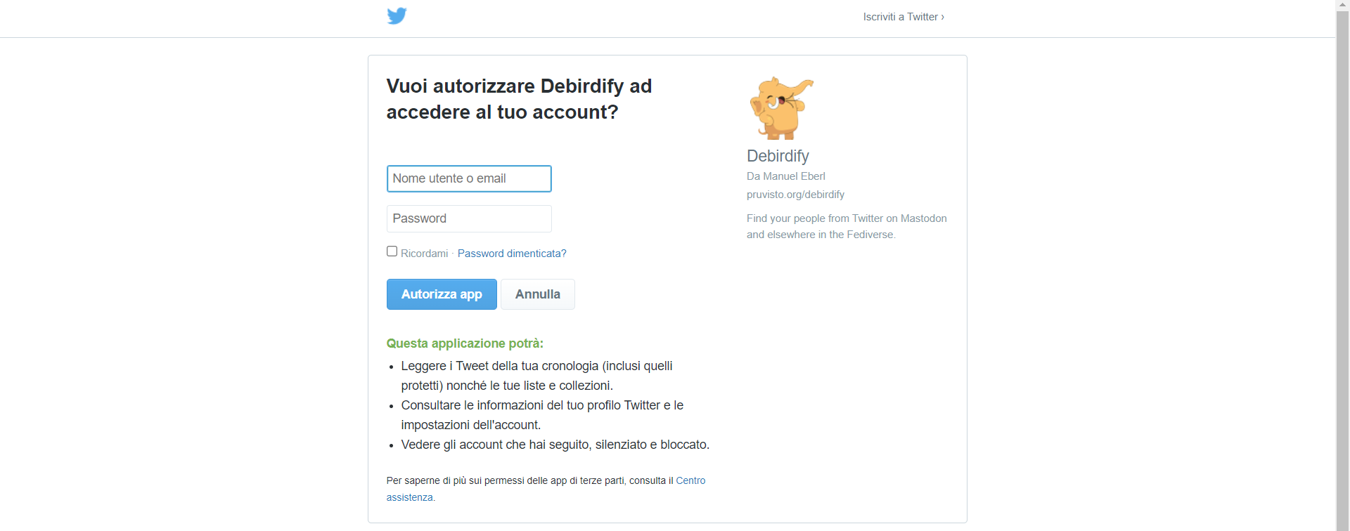 Trovare gli amici da Twitter con Debirdify