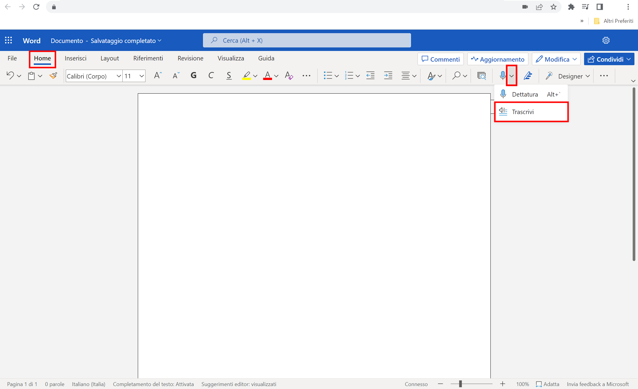 Funzionalità Trascrivi su file Word 