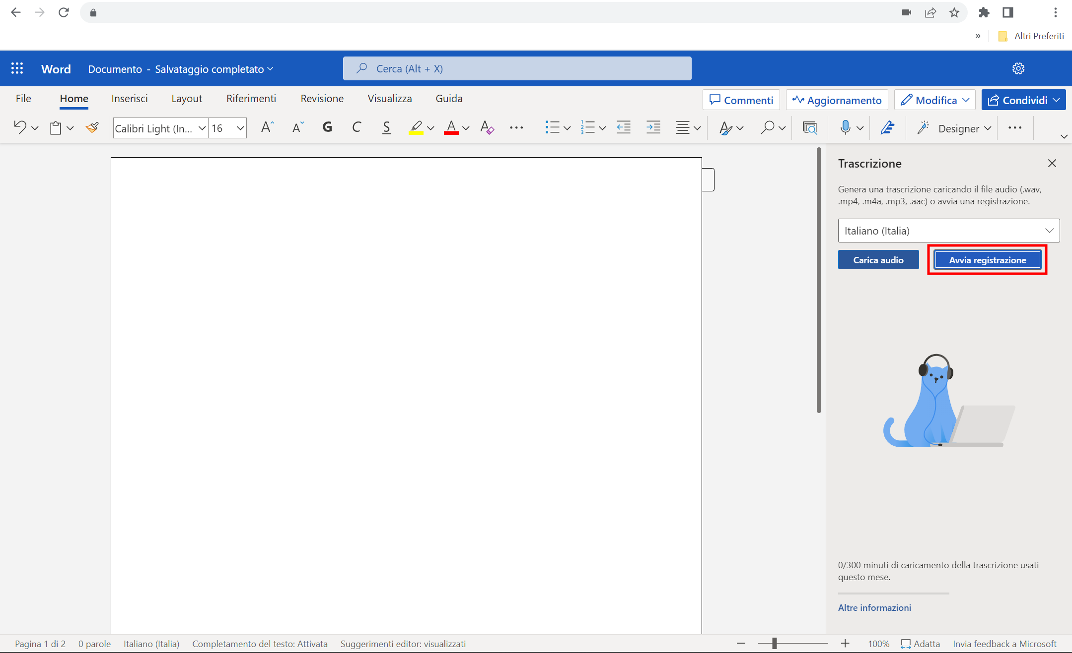 Pulsante avvia registrazione su file Word