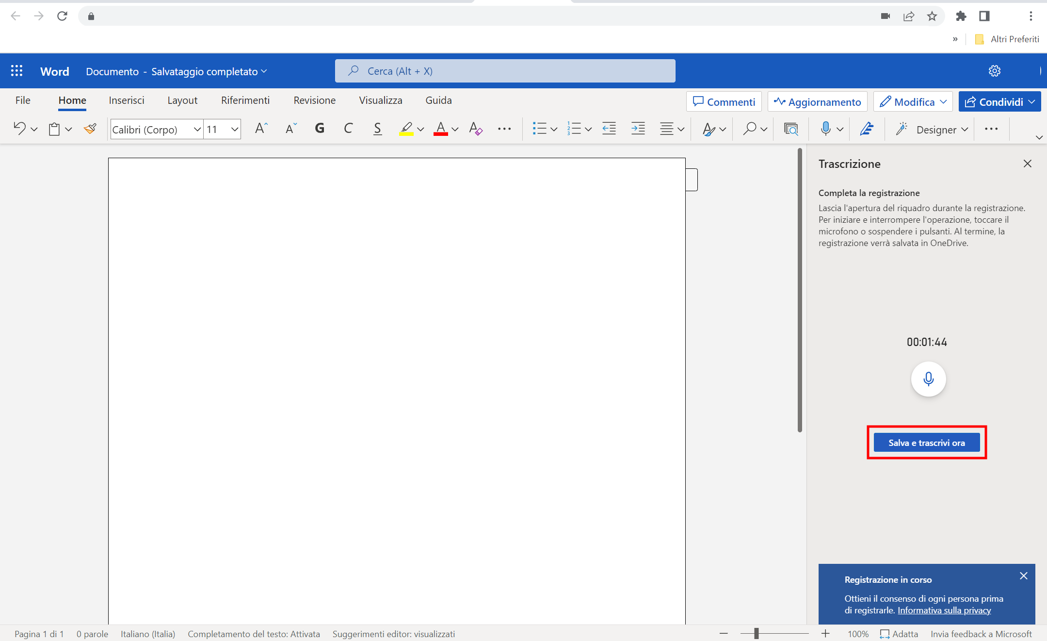 Pulsante salva e trascrivi ora su file word
