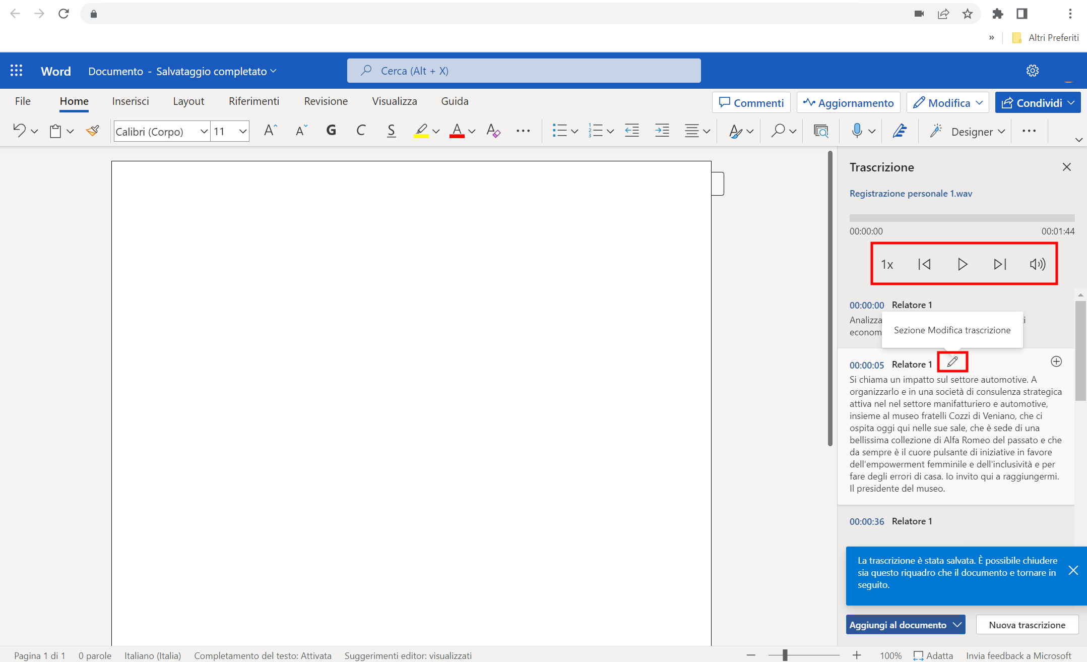 Funzione modifica trascrizione su file word Funzione modifica trascrizione su file word