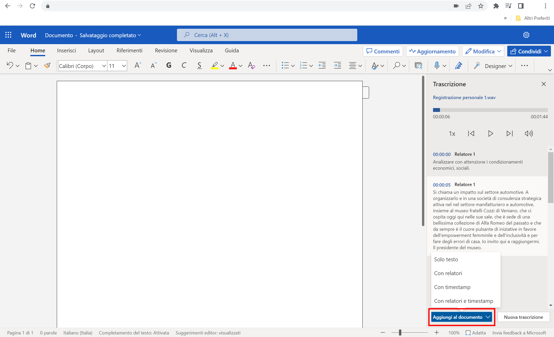 Pulsante Aggiungi al documento su file word