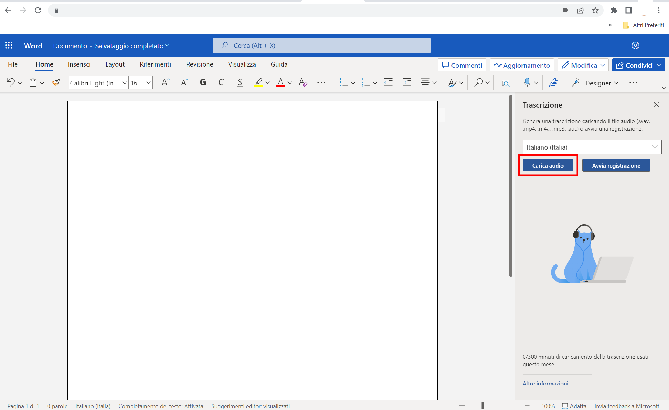 Funzione carica audio su file word