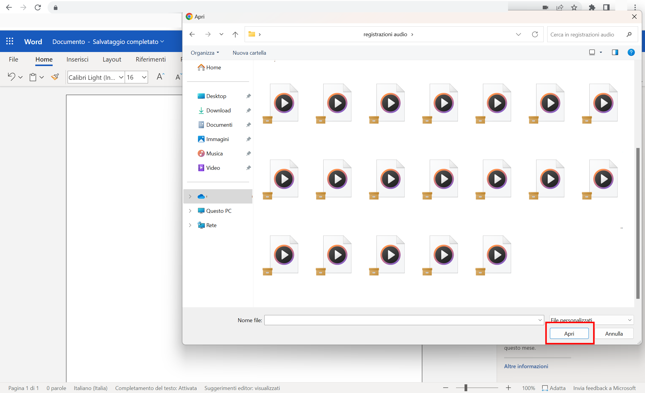 Caricamento registrazione audio su file word