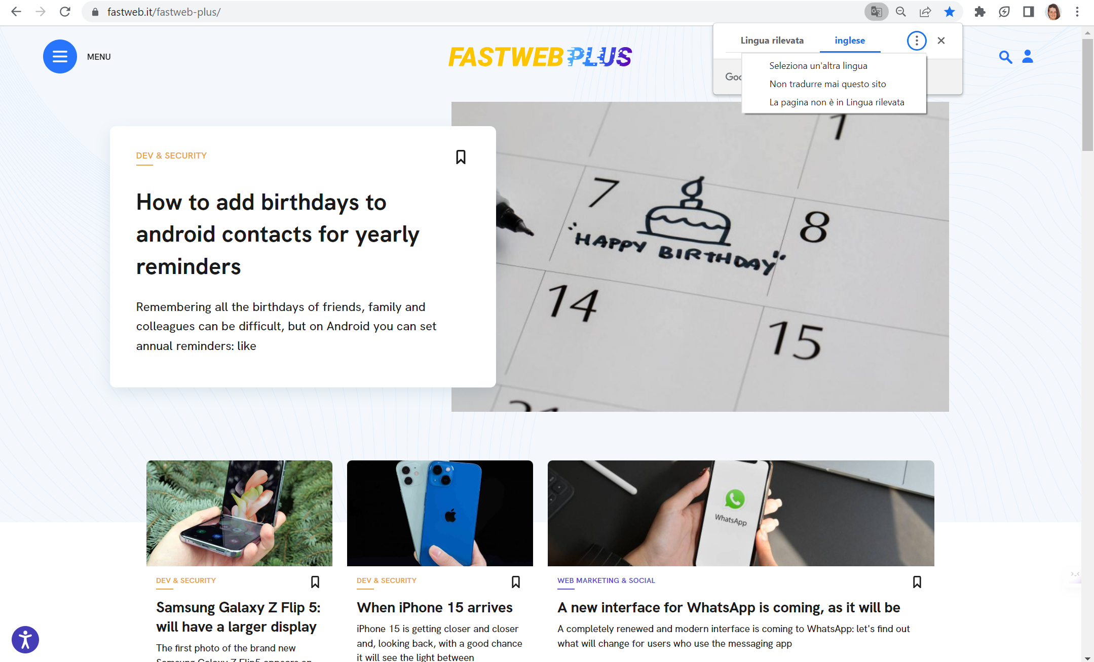 Home page FastwebPlus con rilevazione lingua