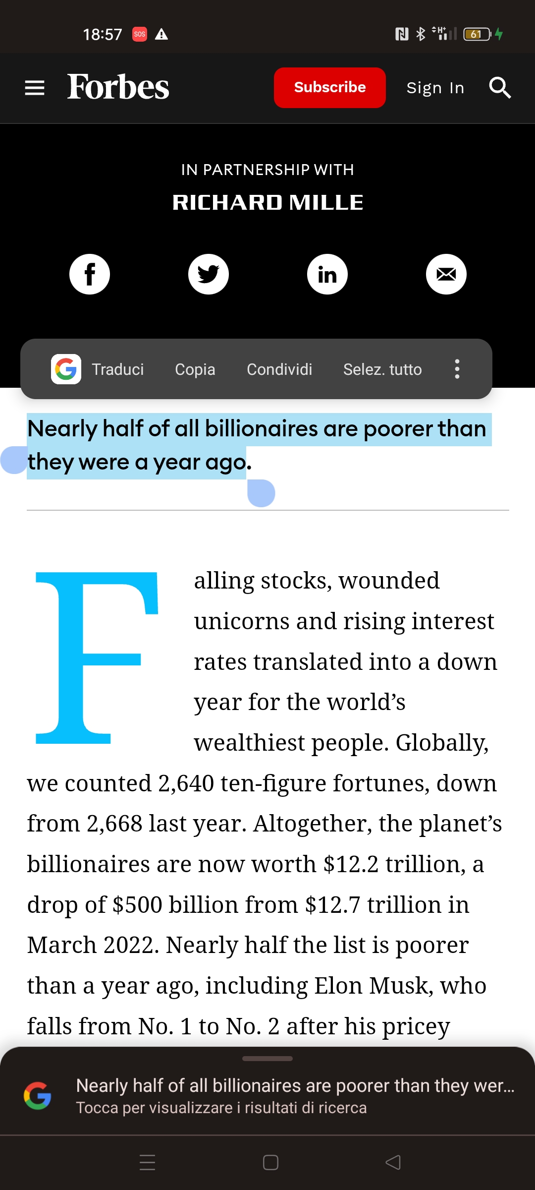Selezione porzione di testo da articolo Forbes
