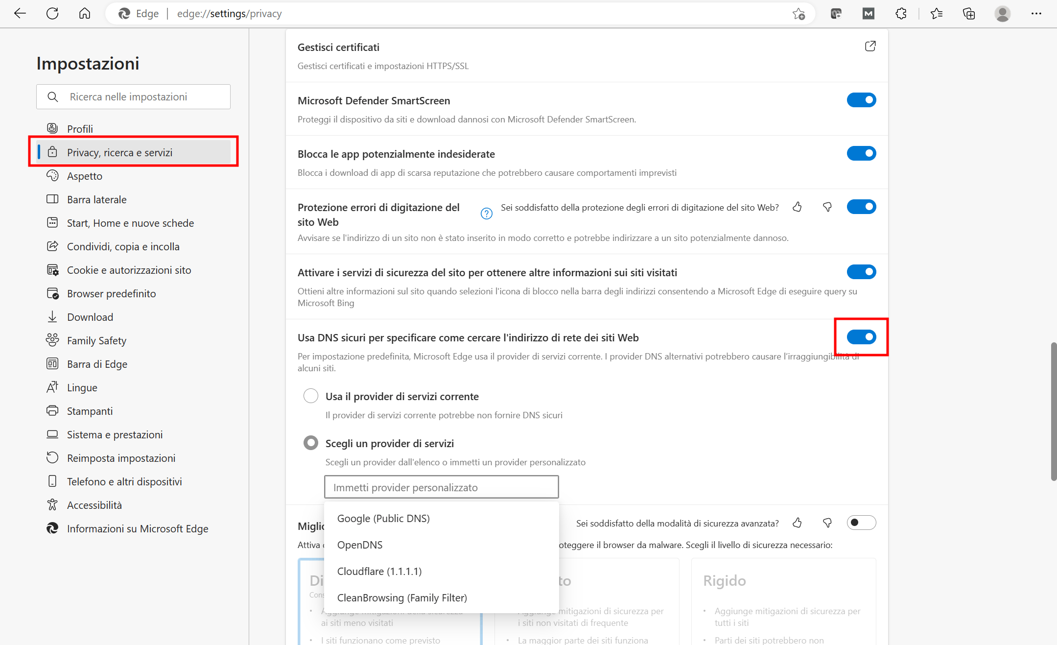 Usare DNS sicuri su Edge Usare DNS sicuri su Edge