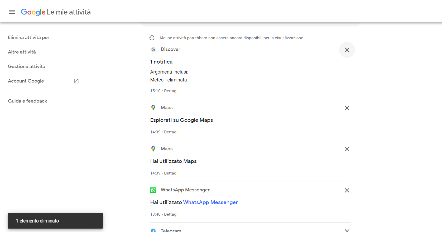 Eliminazione di un elemento da Google cronologia