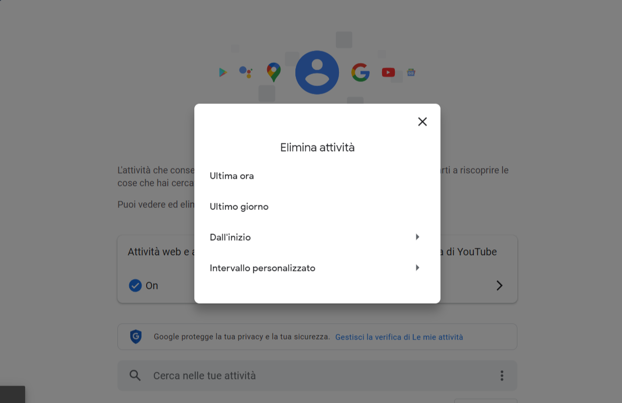 Elimina attività su cronologia di Google