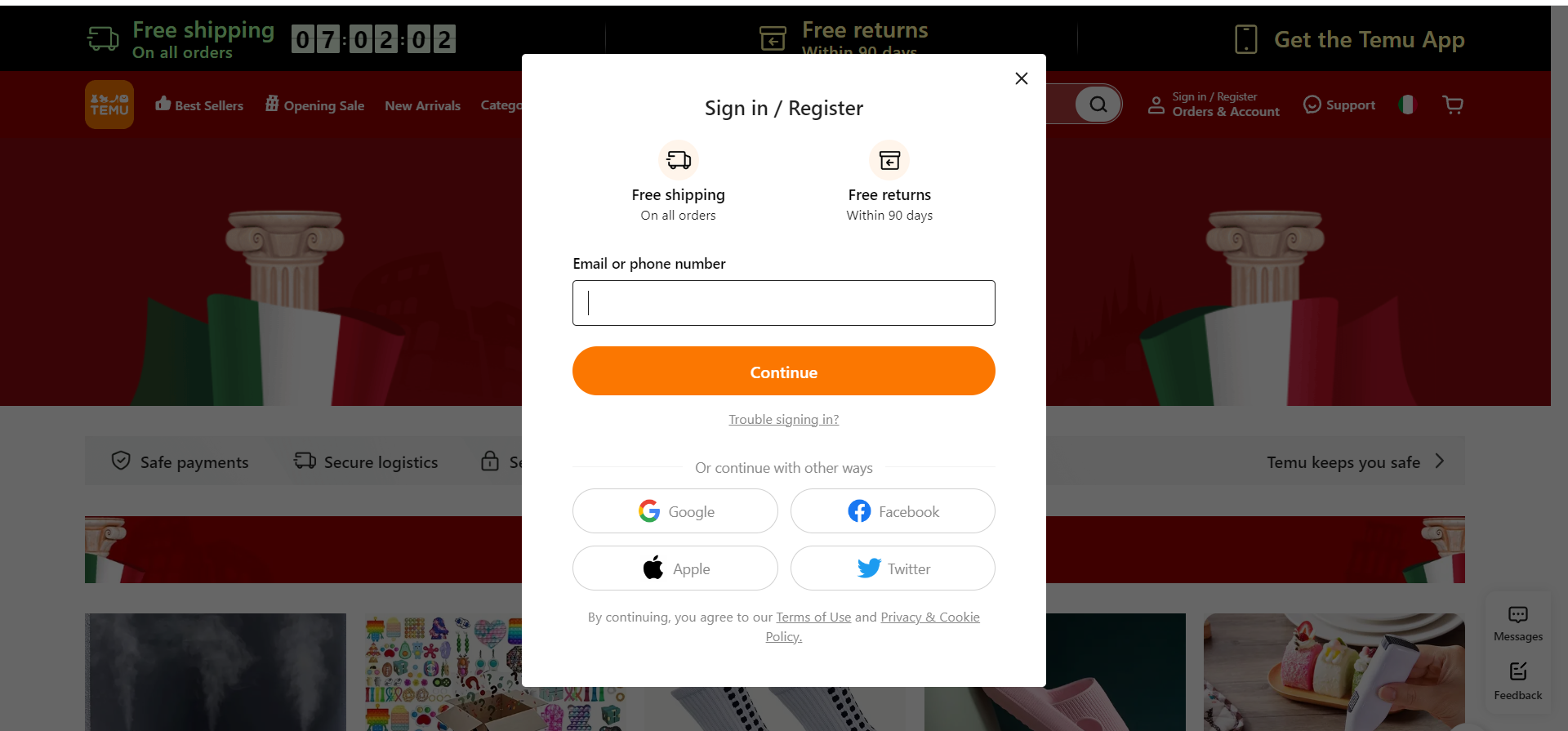 Registrarsi a Temu Registrarsi a Temu