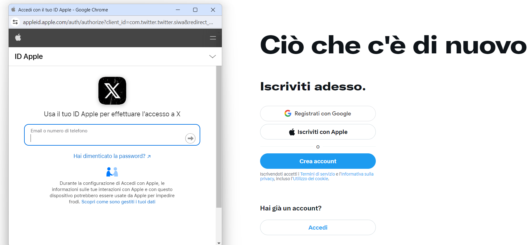 Registrarsi a X (Twitter) con Apple ID