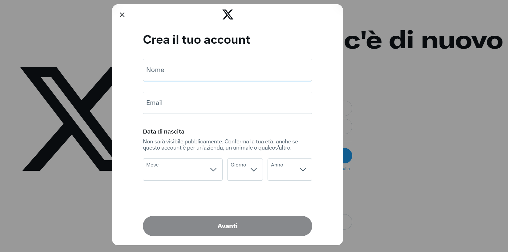 Crea account X twitter