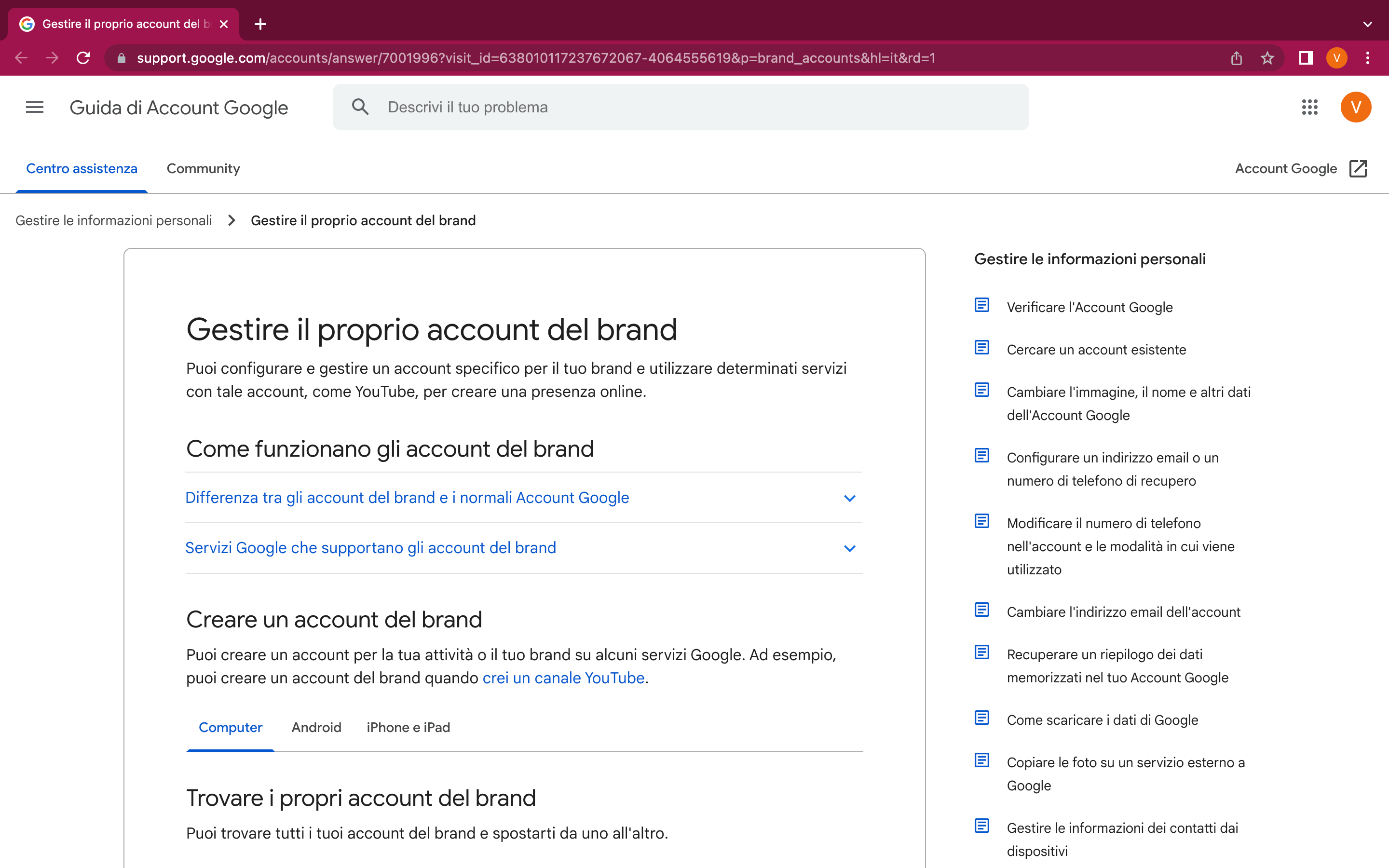 Creare Account brand YouTube
