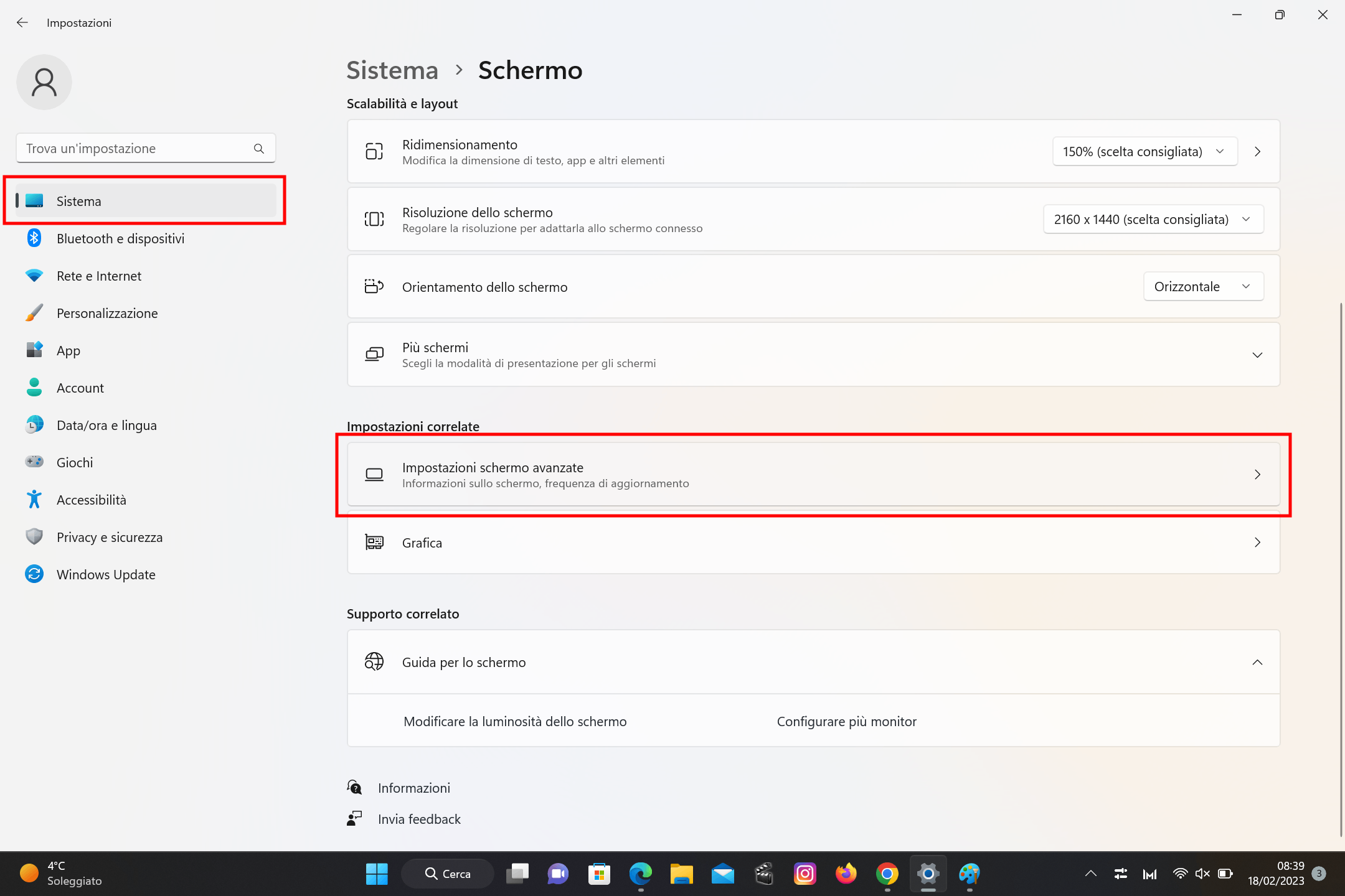 Impostazioni schermo avanzate
