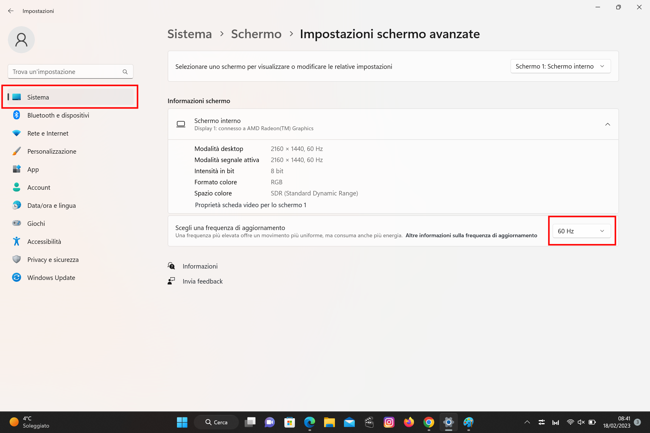 Scegliere una frequenza di aggiornamento
