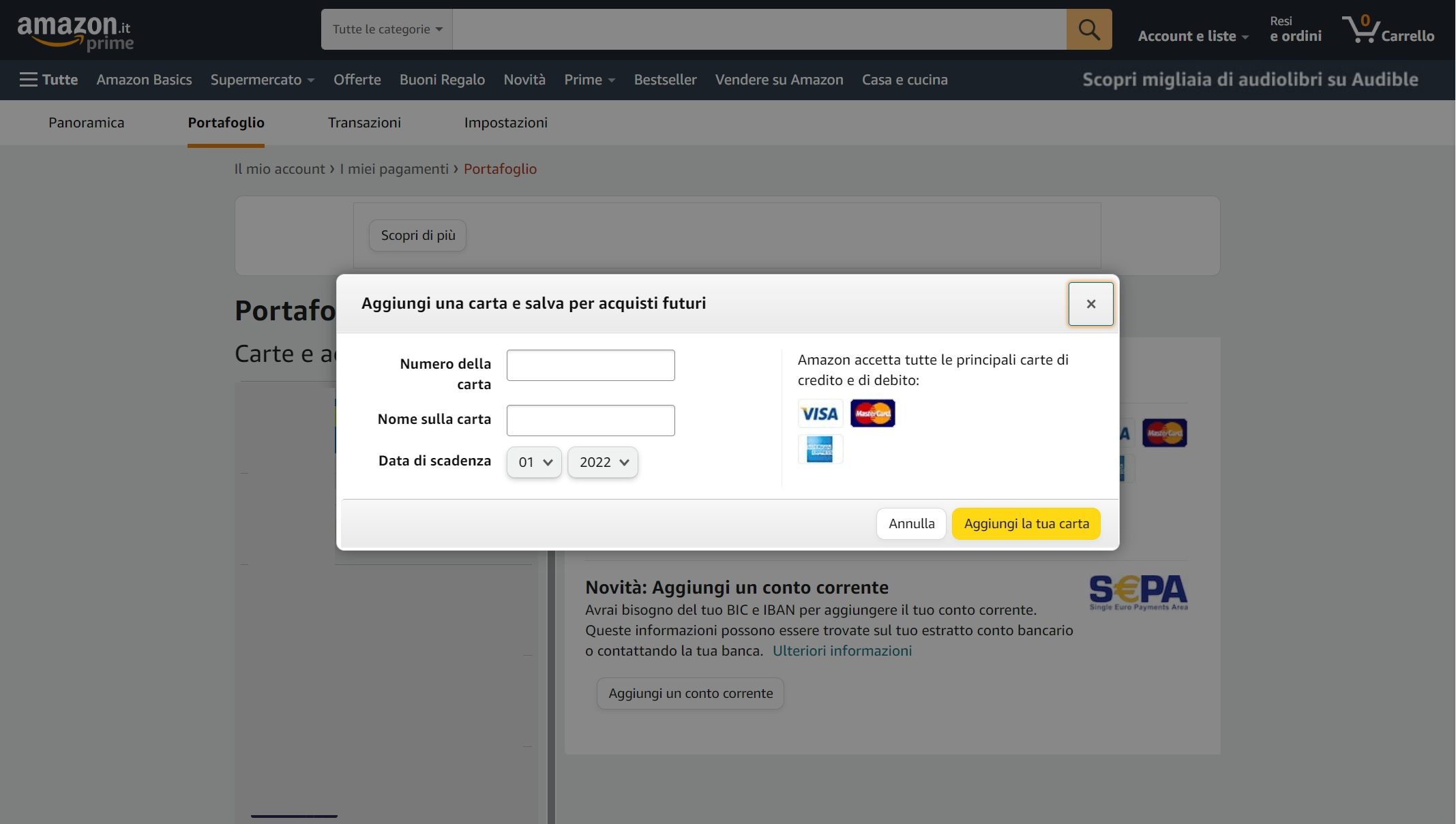 Amazon Prime aggiungi carta