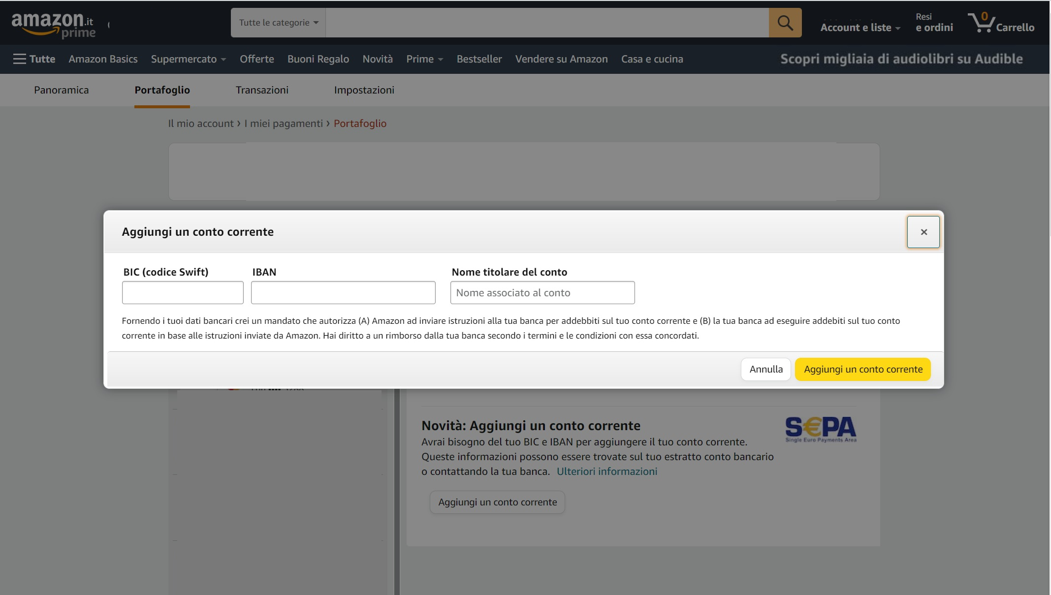 Aggiungere conto corrente Amazon