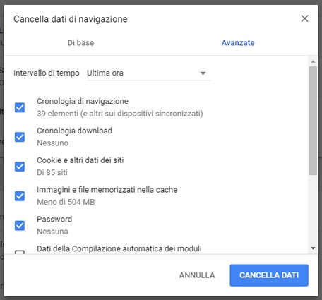 Cancellare cache Chrome