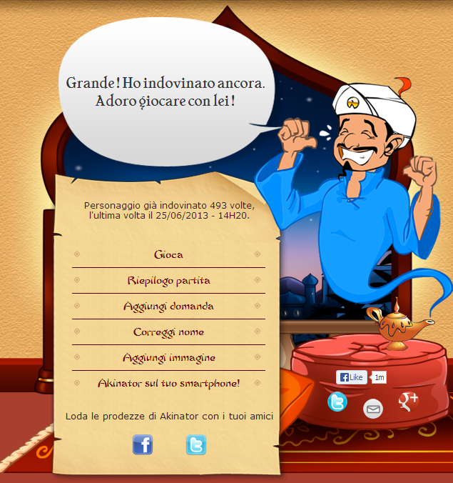 Akinator dopo aver indovinato il personaggio