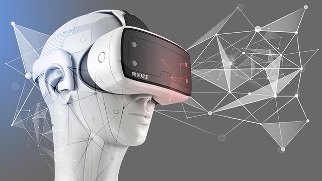 Robot con visore VR immerso nella blockchain