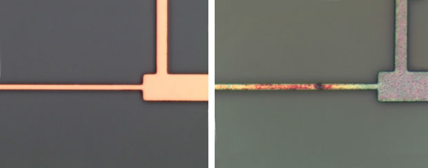 Foto al microscopio dei collegamenti in rame dei transistor
