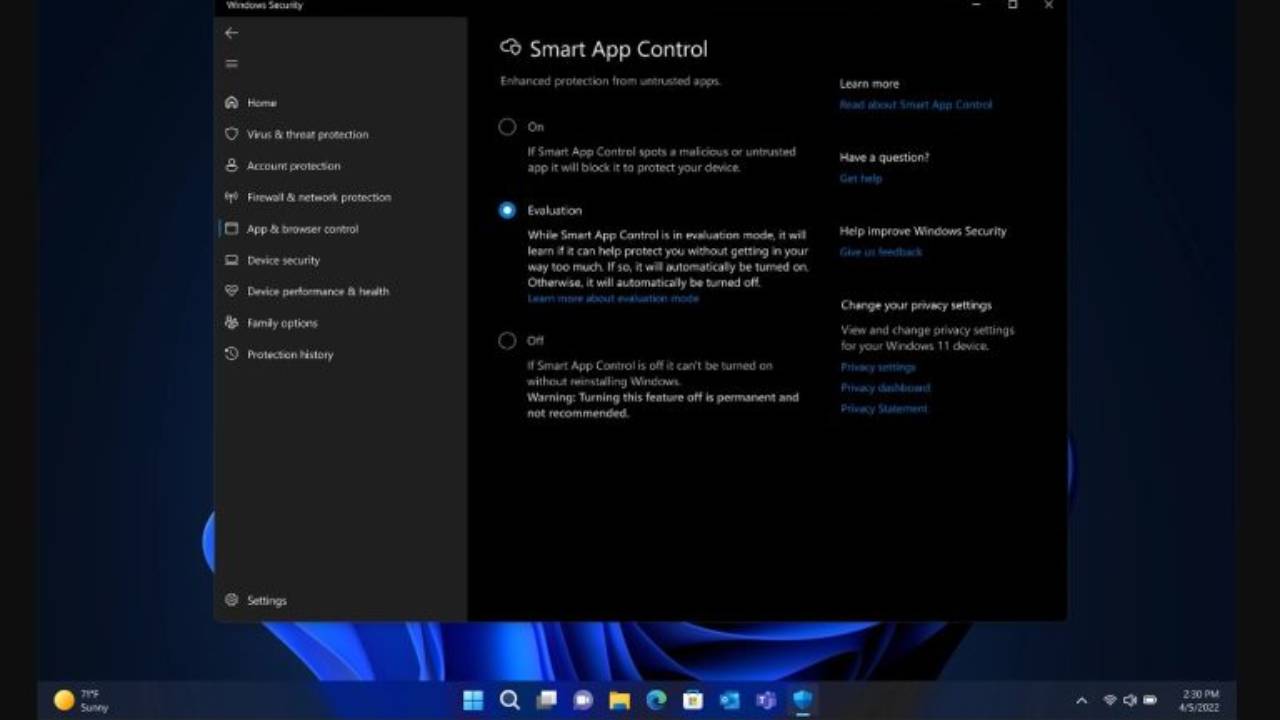 schermata smart app control windows 11