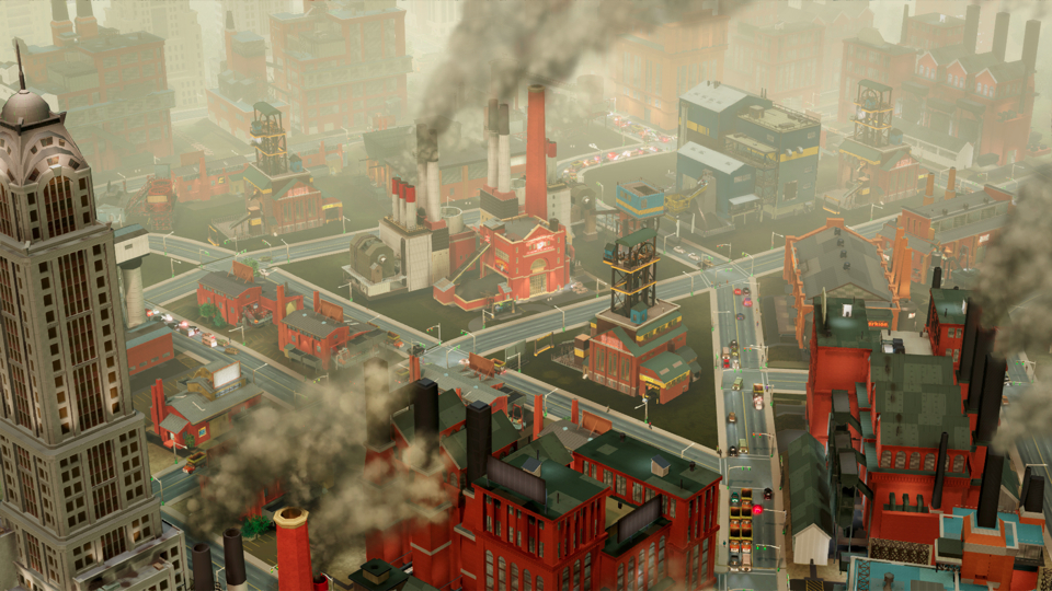 Un grattacielo al centro di un'area industriale di SimCity