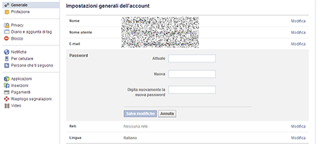 Cambio password con Facebook