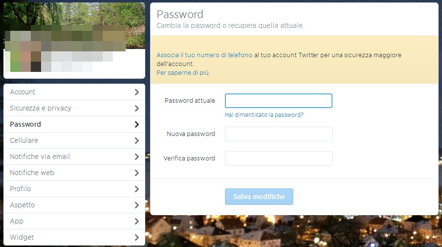 Cambio password con Twitter