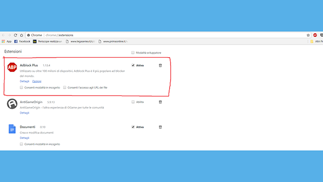 disattivare adblock chrome