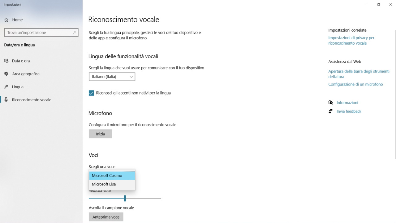 sintesi vocale windows 10