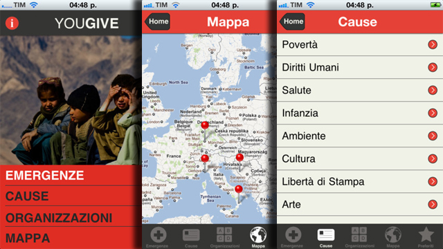 Alcune schermate dell'app di YouGive