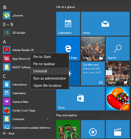 Disinstallare programmi Windows 10