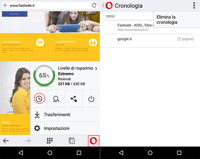 Cancella cronologia Opera mini Android