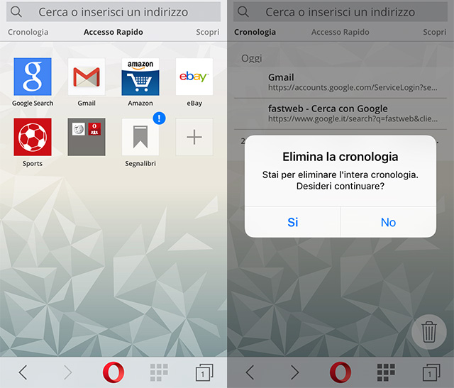 Cancella cronologia Opera mini iOS