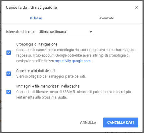 Svuotare cache e cookie Chrome